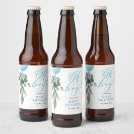 Oh Boy Blue Balloon Greenery Baby shower Bier Etiket