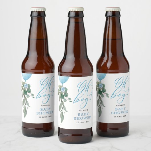 Oh Boy Blue Balloon Greenery Baby shower Bier Etiket (Flessen)