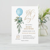 Oh Boy Blue Balloon Greenery Baby shower Kaart (Staand voorkant)
