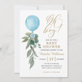 Oh Boy Blue Balloon Greenery Baby shower Kaart (Voorkant)