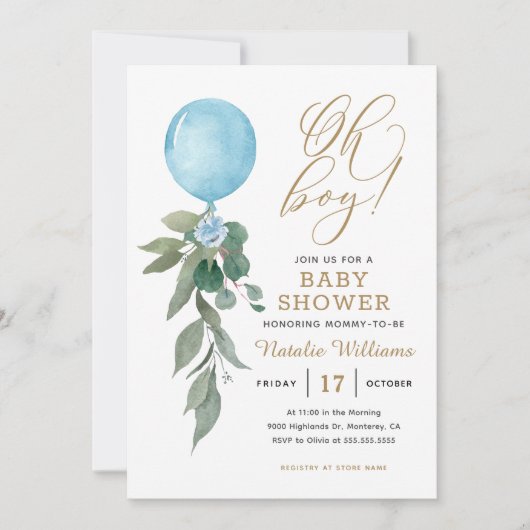 Oh Boy Blue Balloon Greenery Baby shower Kaart (Voorkant)