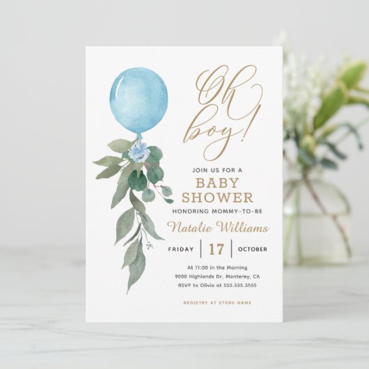 Oh Boy Blue Balloon Greenery Baby shower Kaart (Staand voorkant)