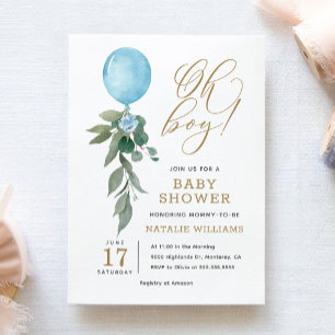 Oh Boy Blue Balloon Greenery Baby shower Kaart
