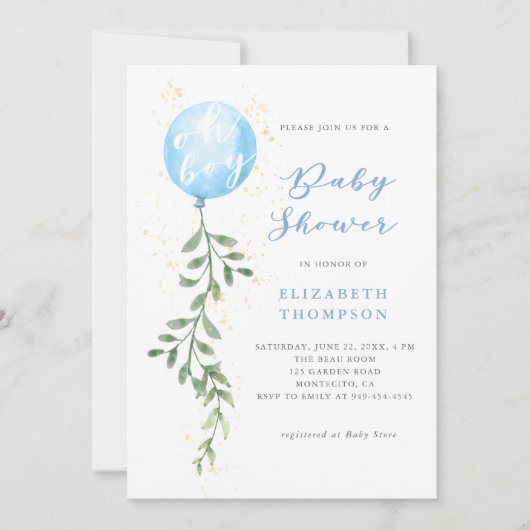 Oh Boy Blue Balloon Soft Greenery Boy Baby shower Kaart (Voorkant)