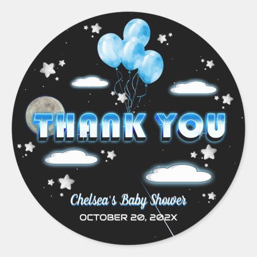 Oh Boy Blue Balloons Galaxy Baby shower Bedankt Ronde Sticker (Voorkant)