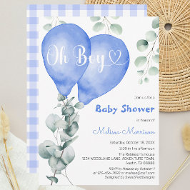 Oh Boy Blue Balloons Modern Eucalyptus Baby shower Kaart