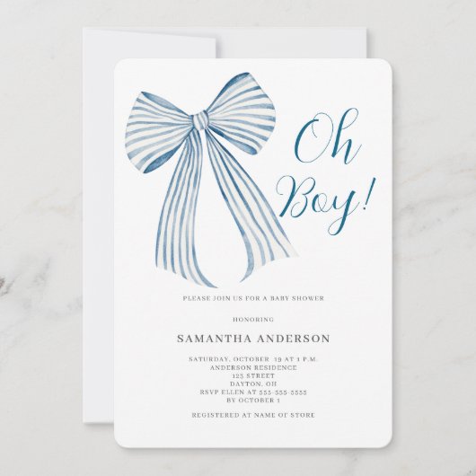  Oh Boy Blue Bow Baby Shower Kaart (Voorkant)