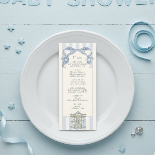 Oh Boy Blue Bow Carousel Baby Shower Menu Card