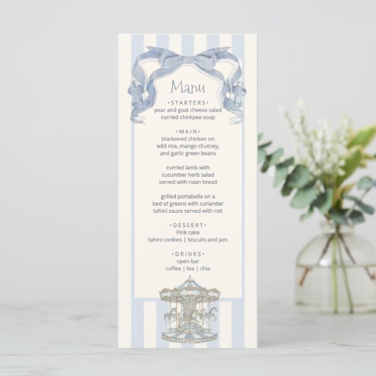 Oh Boy Blue Bow Carousel Baby Shower Menu Card (Staand voorkant)