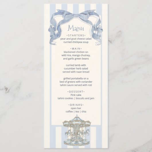 Oh Boy Blue Bow Carousel Baby Shower Menu Card (Voorkant)