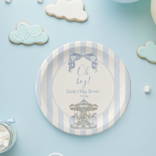 Oh Boy Blue Bow Carousel French Baby Shower Papieren Bordje
