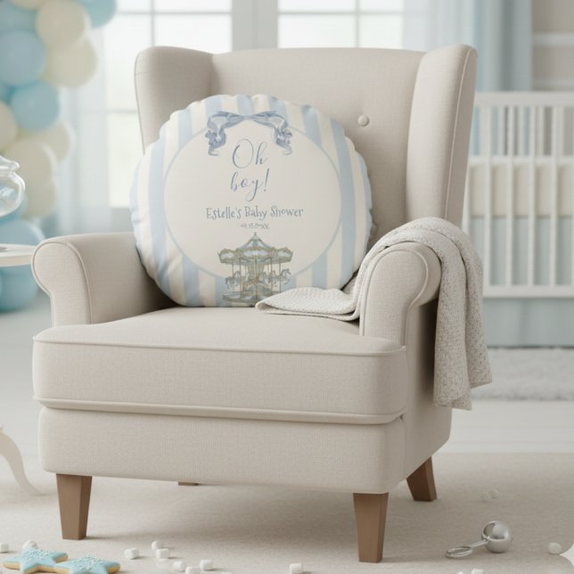 Oh Boy Blue Bow Carousel Stripe Baby Shower Rond Kussen (Creator heeft geüpload)
