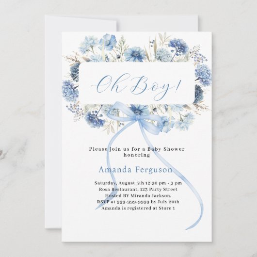 Oh boy blue bow florals Baby shower Kaart (Voorkant)