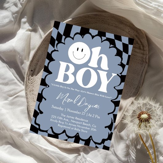 Oh Boy! Blue Checkered Happy Face Baby Shower Kaart