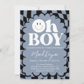 Oh Boy! Blue Checkered Happy Face Baby Shower Kaart (Voorkant)