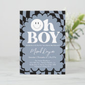 Oh Boy! Blue Checkered Happy Face Baby Shower Kaart (Staand voorkant)