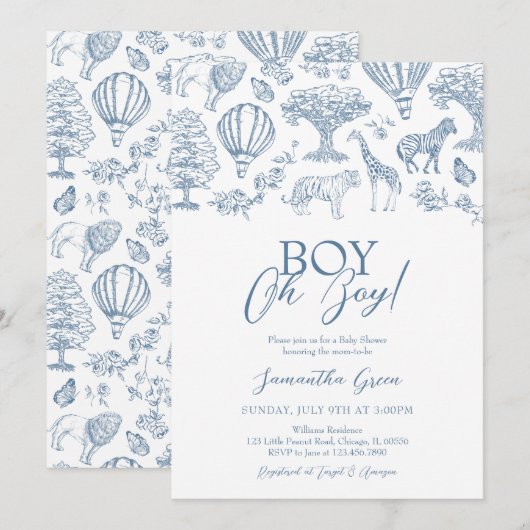 Oh Boy Blue Chinoiserie Safari Baby shower Kaart (Voorkant / Achterkant)