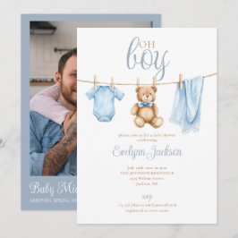 Oh Boy Blue Clothesline Baby Shower Photo QR Code Kaart