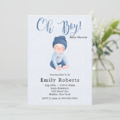 Oh Boy blue Denim Cartoon Baby Shower Invitaties (Staand voorkant)
