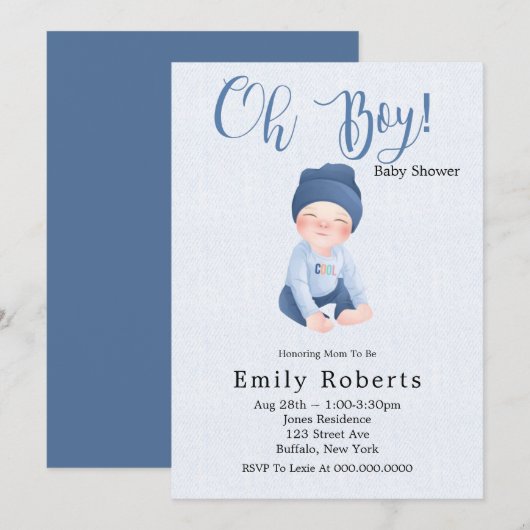 Oh Boy blue Denim Cartoon Baby Shower Invitaties (Voorkant / Achterkant)
