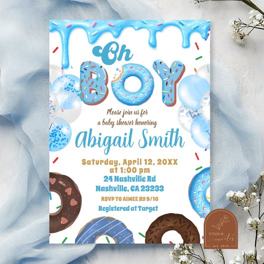 Oh Boy Blue Donut baby shower Invitation Kaart