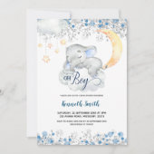Oh Boy Blue Elephant Baby shower Invitation Kaart (Voorkant)