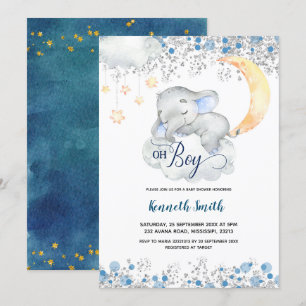 Oh Boy Blue Elephant Baby shower Invitation Kaart