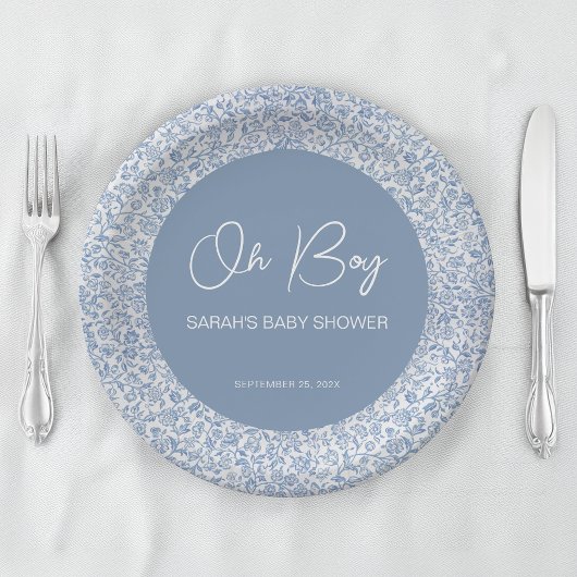 Oh Boy Blue en White Floral Pattern Baby shower Papieren Bordje