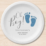 Oh Boy Blue Feet Baby shower Papieren Bordje<br><div class="desc">Dit schattige Boy's Baby shower Paper Bord is versierd met blauwe glitter babyvoetjes en de woorden,  Oh Boy! Gemakkelijk aan te passen.</div>