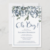 Oh Boy Blue Floral Greenery Baby shower Invitation Kaart (Voorkant)