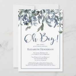 Oh Boy Blue Floral Greenery Baby shower Invitation Kaart