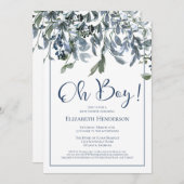 Oh Boy Blue Floral Greenery Baby shower Invitation Kaart (Voorkant / Achterkant)