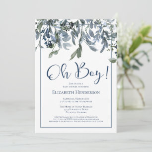 Oh Boy Blue Floral Greenery Baby shower Invitation Kaart