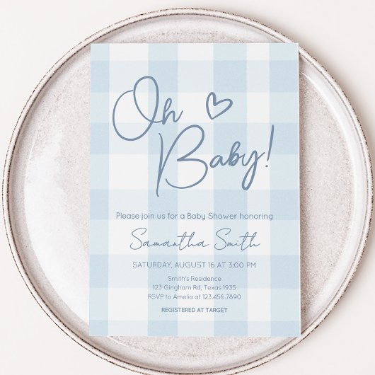 Oh Boy Blue Gingham Baby shower Kaart