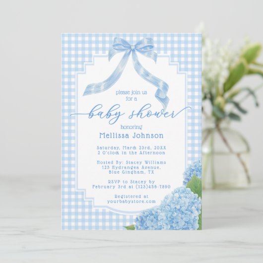 Oh Boy Blue Gingham Gestreepte Hydrangea Baby Show Kaart (Staand voorkant)