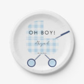 Oh Boy Blue Gingham Pram Baby shower Papieren Bordje (Voorkant)