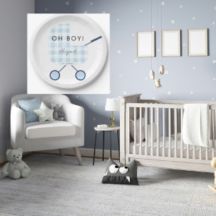 Oh Boy Blue Gingham Pram Baby shower Papieren Bordje