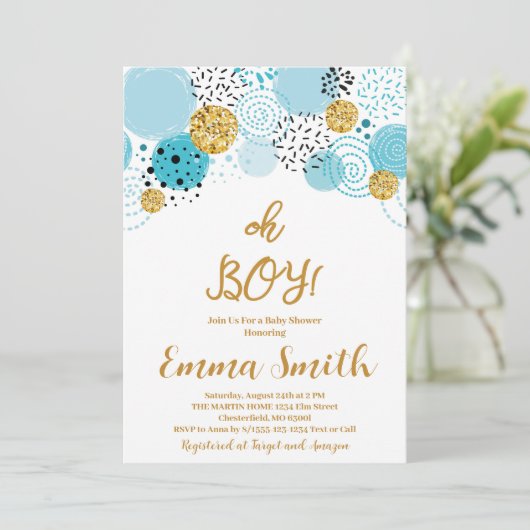 Oh Boy Blue Glitter Baby shower Invitation Kaart (Staand voorkant)