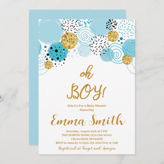 Oh Boy Blue Glitter Baby shower Invitation Kaart (Voorkant / Achterkant)
