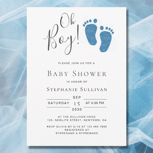 Oh Boy Blue Glitter Feet Boy's Baby shower Kaart