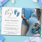 Oh Boy Blue Glitter Feet Photo Baby shower Kaart