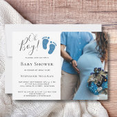Oh Boy Blue Glitter Feet Photo Baby shower Kaart