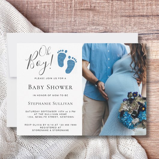 Oh Boy Blue Glitter Feet Photo Baby shower Kaart