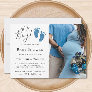 Oh Boy Blue Glitter Feet Photo Couples Baby shower Kaart