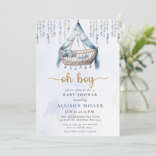 Oh Boy Blue Gold Wieg Boho Boy Baby shower Kaart (Staand voorkant)