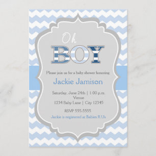 Oh Boy Blue Gray Chevron Baby shower Uitnodiging