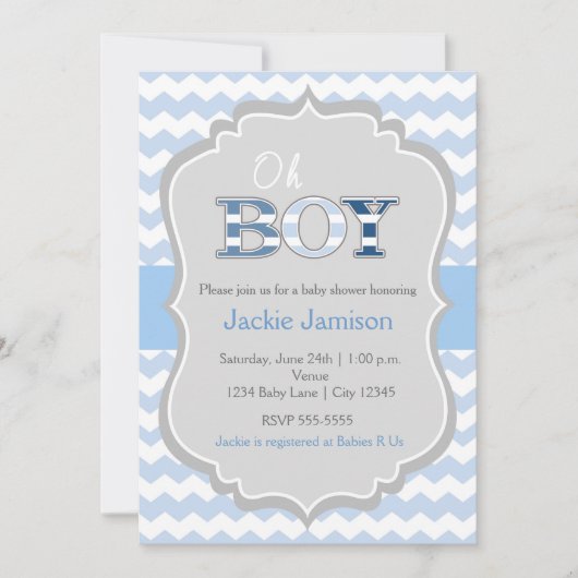 Oh Boy Blue Grey Chevron Baby shower Uitnodiging (Voorkant)