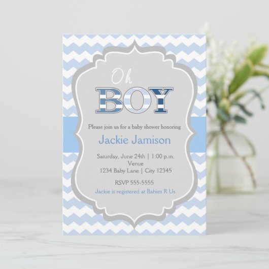 Oh Boy Blue Grey Chevron Baby shower Uitnodiging (Staand voorkant)