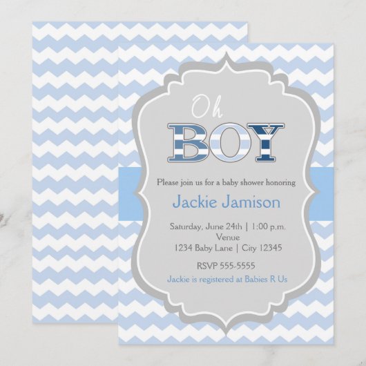 Oh Boy Blue Grey Chevron Baby shower Uitnodiging (Voorkant / Achterkant)