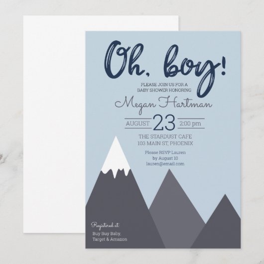 Oh Boy Blue Grey Mountain Baby shower Uitnodiging (Voorkant / Achterkant)